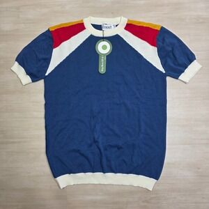 OXKNIT Mens Retro‎ 60s 70s Mod Knit Short Sleeve Sweater Blue Colorblock Small